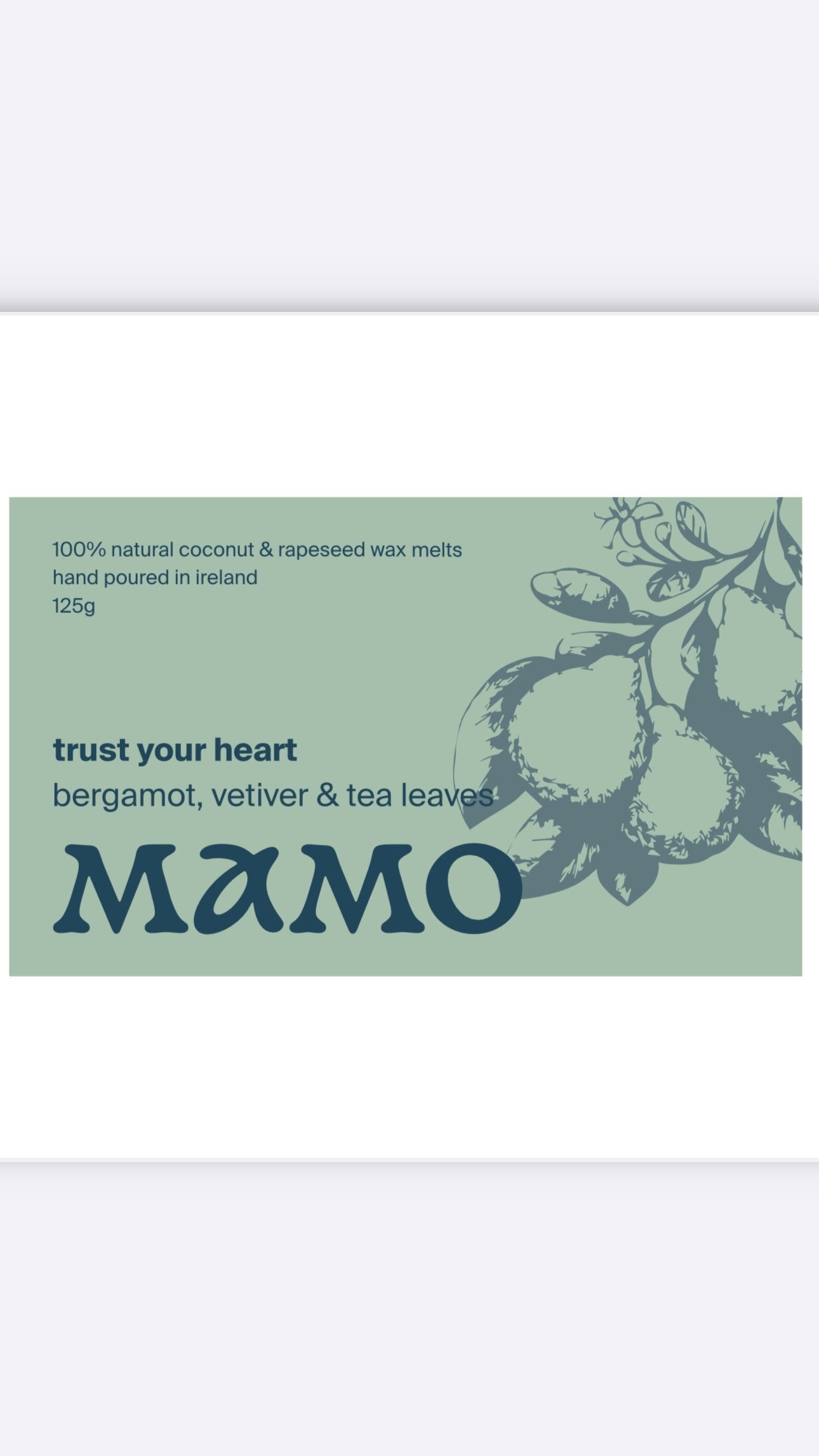 Trust Your Heart wax melts in matte tin – bergamot, vetiver, and tea leaf scent front label