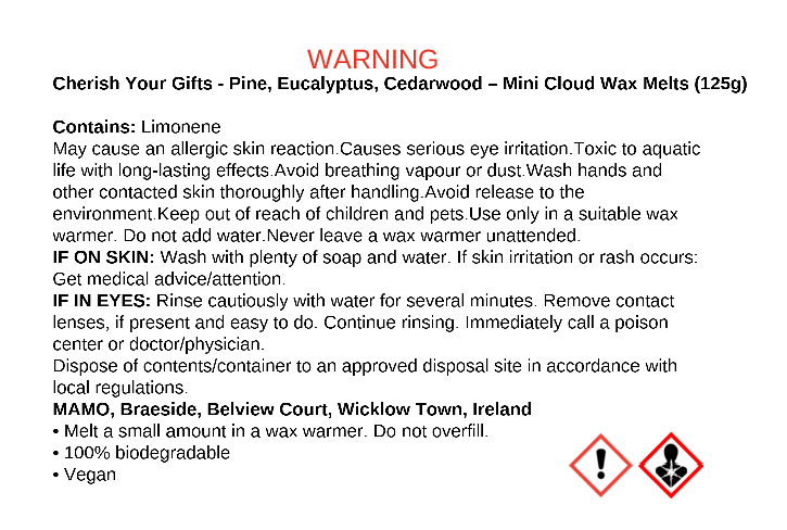 Pine Eucalyptus Cedarwood Wax Melts – Cherish Your Gifts - back label