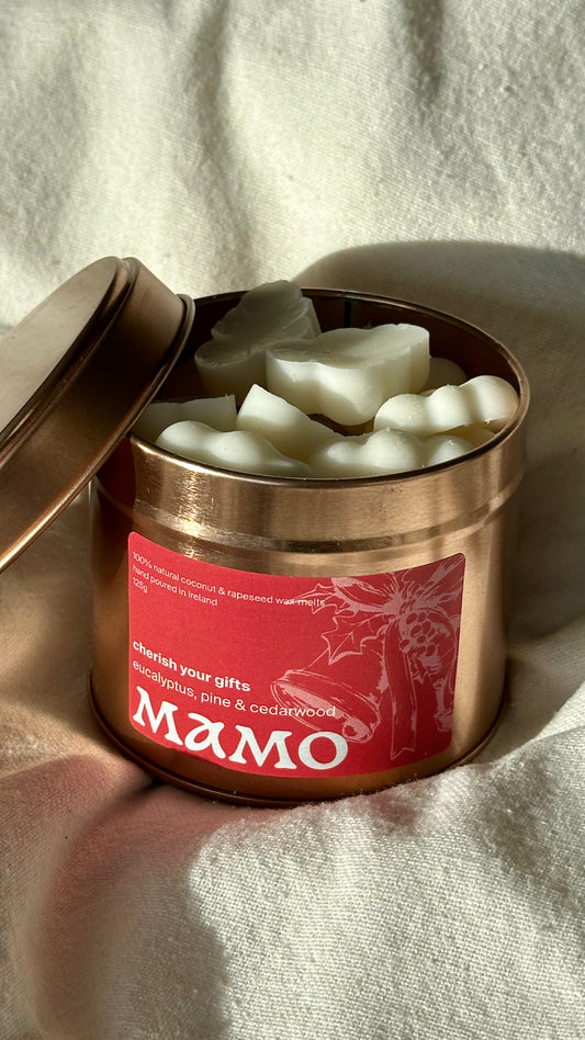 MAMO Cherish Your Gifts wax melts in matte rose gold tin - lid half open clouds visible