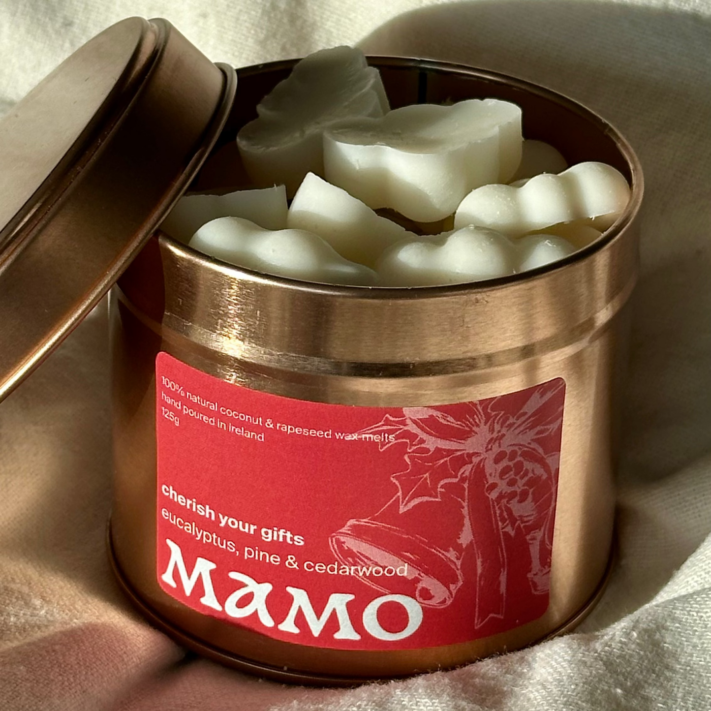 MAMO Cherish Your Gifts wax melts in matte rose gold tin - lid half open clouds visible
