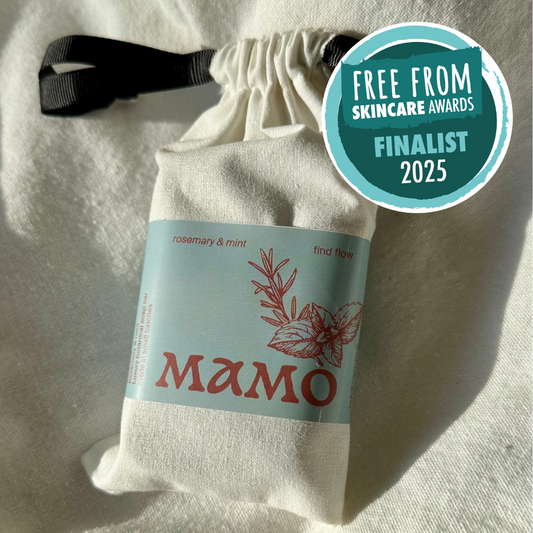 Cooling herbal body soap for gentle daily cleanse, wrapped in reusable cotton bag