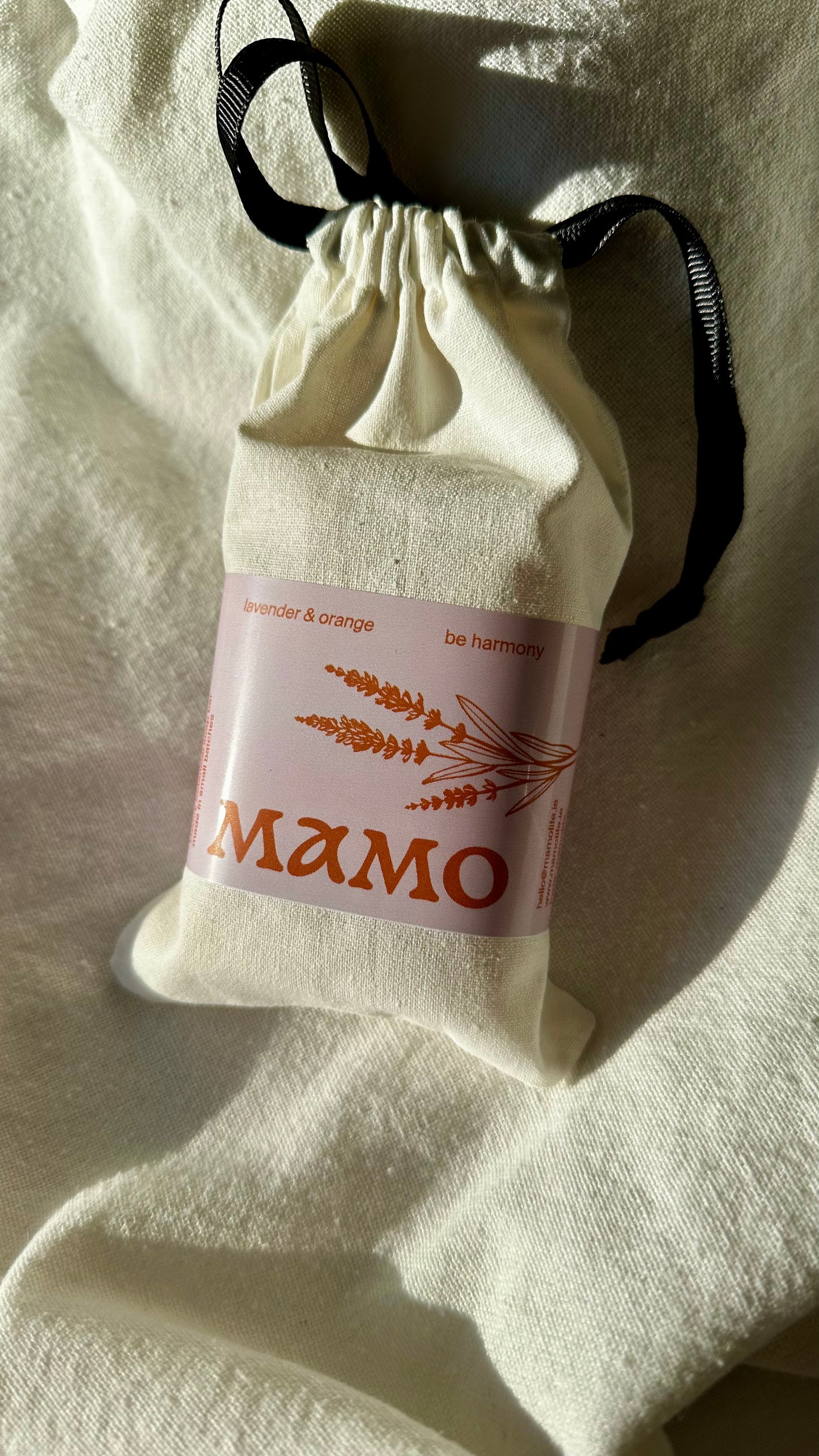 Botanical lavender and orange soap in cotton bag