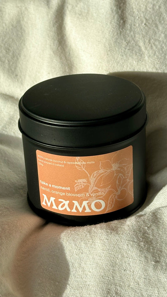 MAMO “Take A Moment” wax melts in soft matte tin on linen cloth - closed tin