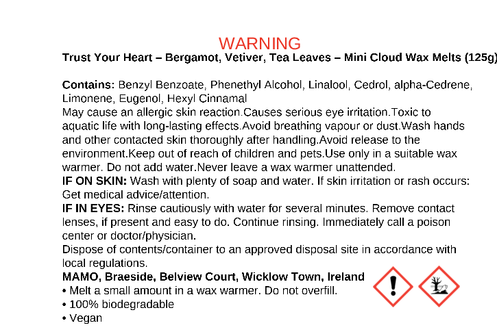 Trust Your Heart wax melts in matte tin – bergamot, vetiver, and tea leaf scent - back label
