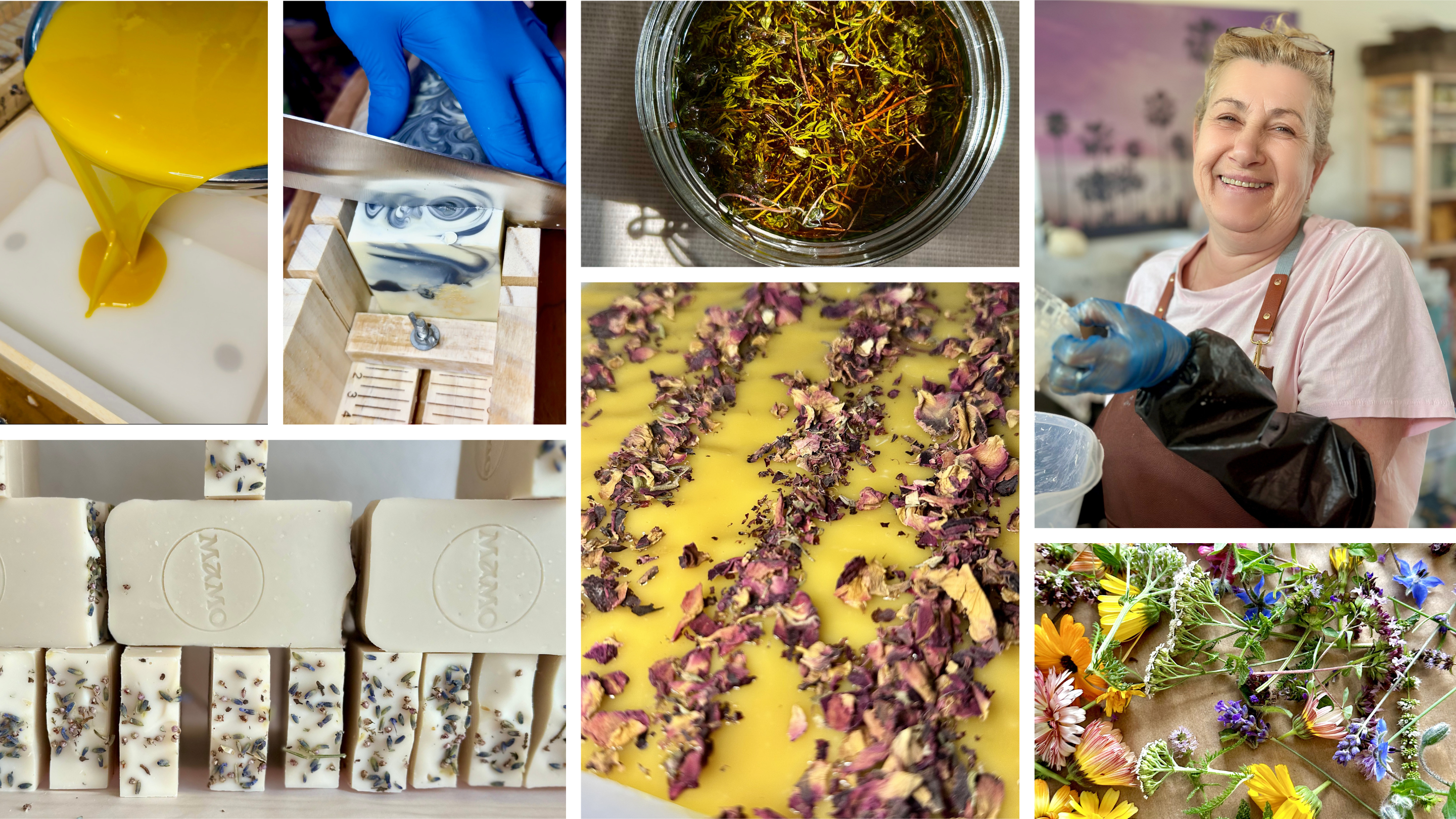 Collage of images related to soap-making process and ingredients.
