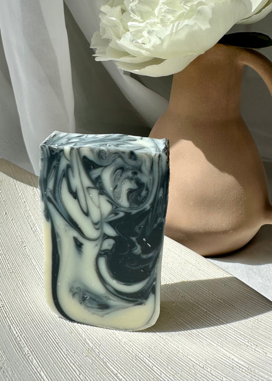 Marble Charcoal & Tea Tree Lemon natural body soap bar close up
