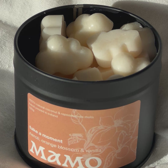 MAMO “Take A Moment” wax melts in soft matte tin on linen cloth - tin open clouds visible