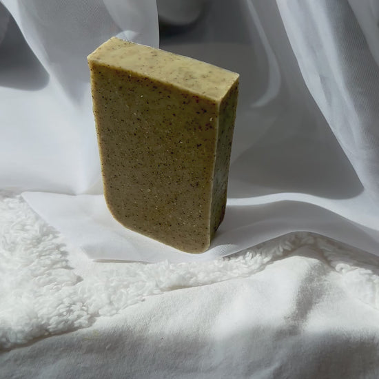 Detail on green clay and mint natural soap bar for clarifying skin
