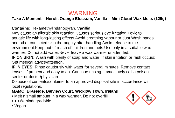 Neroli Orange Blossom Vanilla Wax Melts – Take A Moment | MAMO - back label